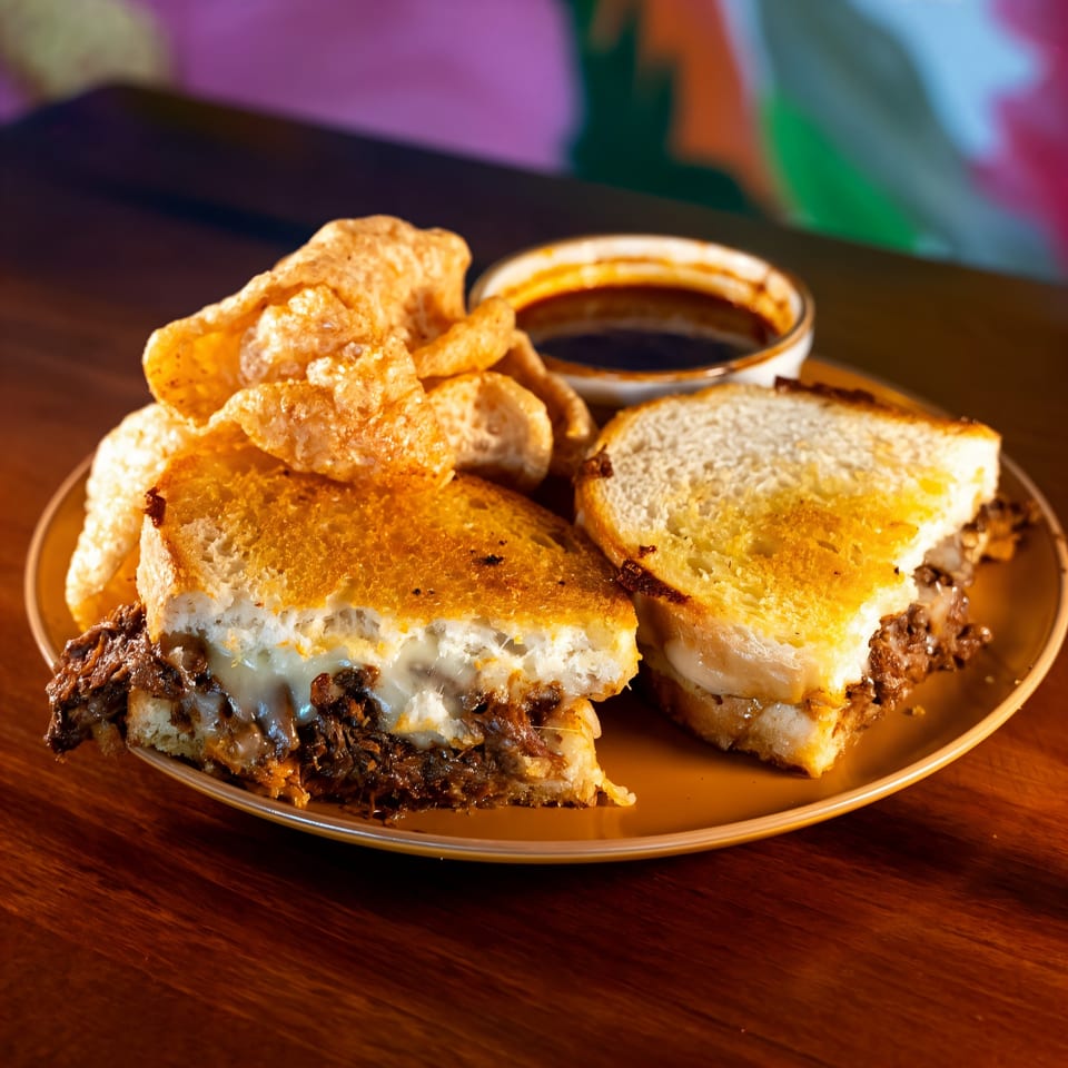 Mi Barrio Kitchen & Cocktails' grilled cheese sandwich with birria, served with chicharrones and dipping sauce.
